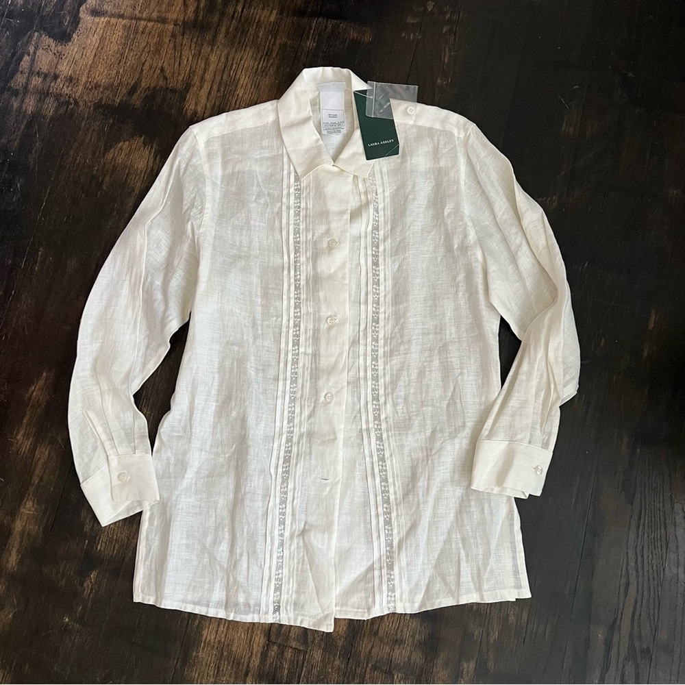 New Laura Ashley Vintage Cream Pure Linen Lace Inlay Loose Fit Shirt Blouse 4